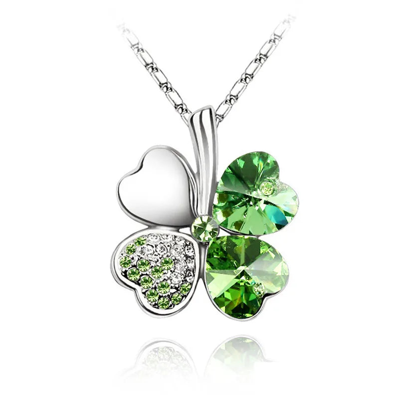 Fashion Jewelry Silver Color Austrian Crystal Necklace Four Leaf Leaves Clover Heart Rhinestones Pendant Necklace Jewelry