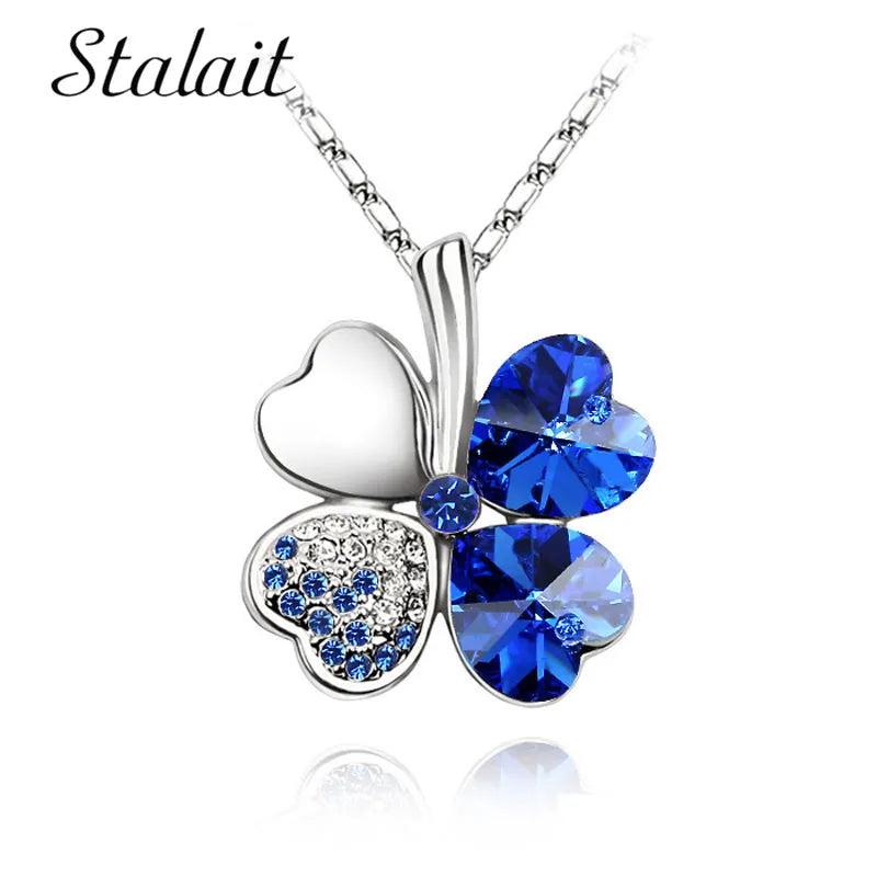 Fashion Jewelry Silver Color Austrian Crystal Necklace Four Leaf Leaves Clover Heart Rhinestones Pendant Necklace Jewelry