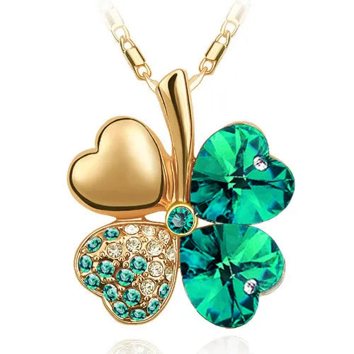 Fashion Jewelry Silver Color Austrian Crystal Necklace Four Leaf Leaves Clover Heart Rhinestones Pendant Necklace Jewelry