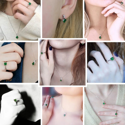 CZCITY Trendy 925 Sterling Silver Green Emerald Rings Earrings Necklace Fine Jewelry Sets Bridal Wedding Classic Party Jewelry