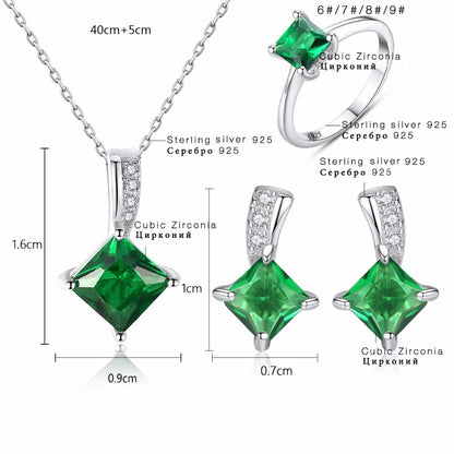 CZCITY Trendy 925 Sterling Silver Green Emerald Rings Earrings Necklace Fine Jewelry Sets Bridal Wedding Classic Party Jewelry