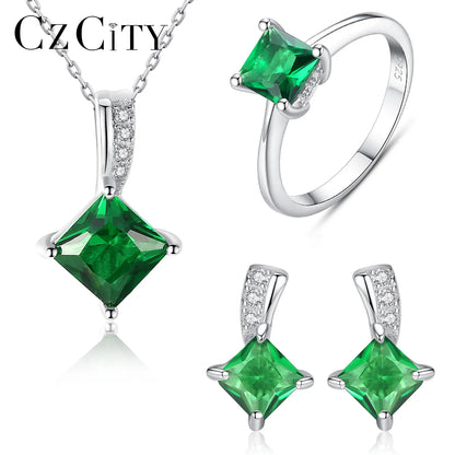 CZCITY Trendy 925 Sterling Silver Green Emerald Rings Earrings Necklace Fine Jewelry Sets Bridal Wedding Classic Party Jewelry