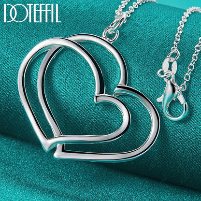 DOTEFFIL 925 Sterling Silver Double Heart Pendant Necklace 18 Inch Chain For Woman Fashion Wedding Engagement Charm Jewelry