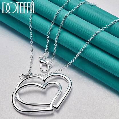 DOTEFFIL 925 Sterling Silver Double Heart Pendant Necklace 18 Inch Chain For Woman Fashion Wedding Engagement Charm Jewelry