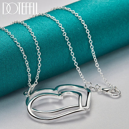 DOTEFFIL 925 Sterling Silver Double Heart Pendant Necklace 18 Inch Chain For Woman Fashion Wedding Engagement Charm Jewelry